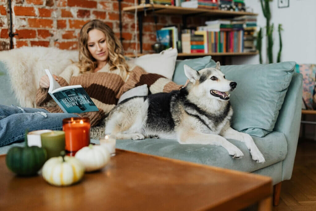 a woman sits on a couch with her dog while reading a book