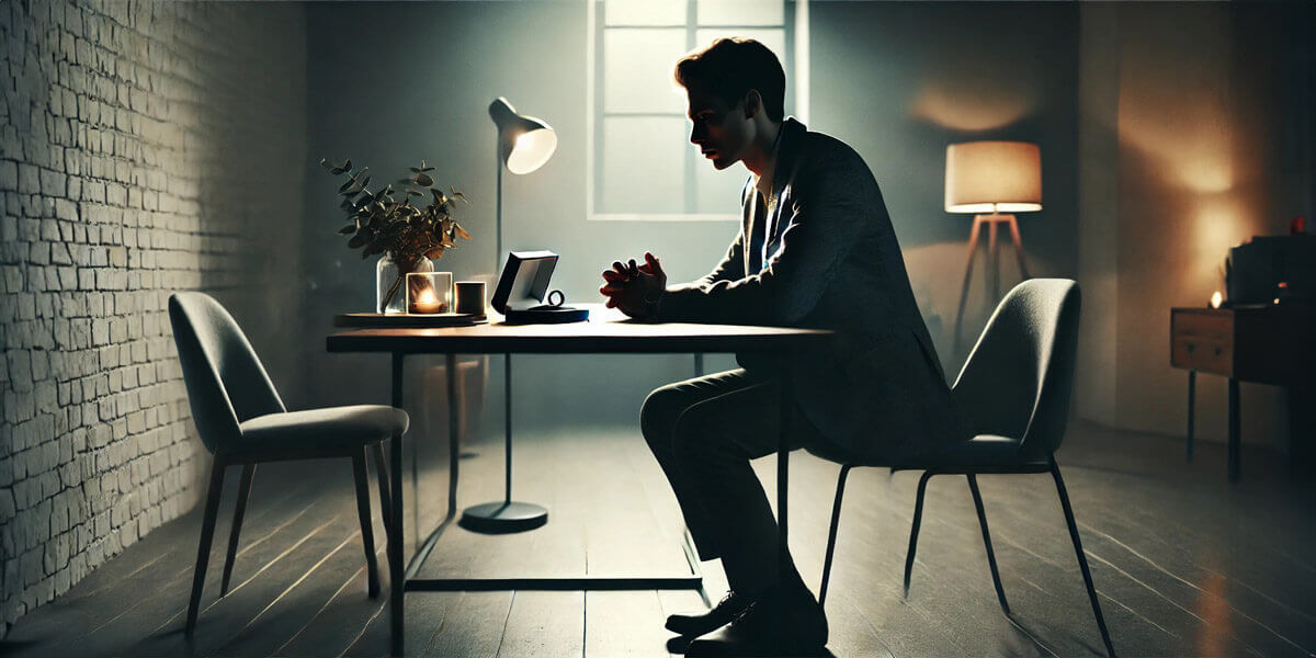 A man seated at a table, focused on his laptop, engaged in work or study in a well-lit environment.