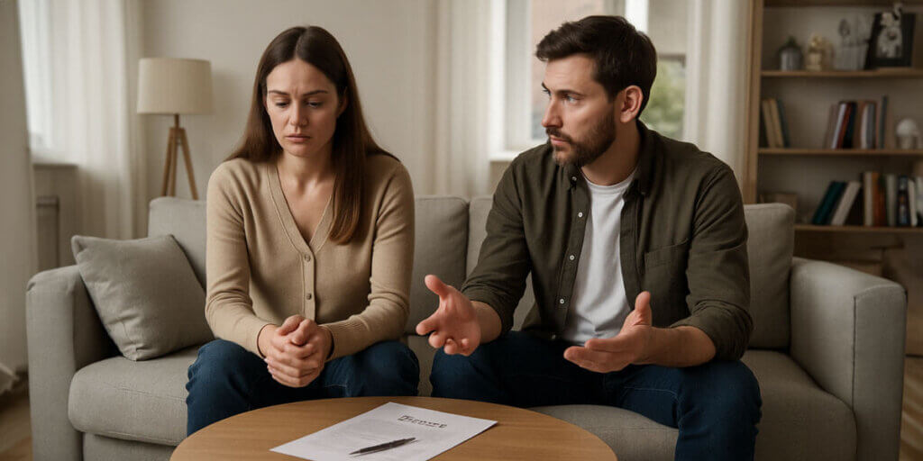 A serious couple sits on a couch having a tense conversation, with a divorce document and pen on the table in front of them, highlighting emotional strain and relationship conflict.