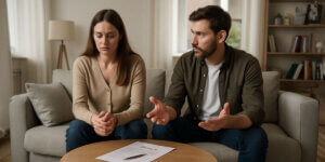 A serious couple sits on a couch having a tense conversation, with a divorce document and pen on the table in front of them, highlighting emotional strain and relationship conflict.