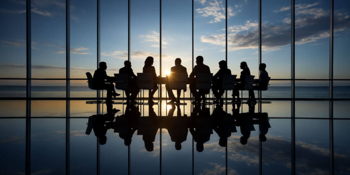 Silhouetted business professionals sit around a conference table in a high-rise office with floor-to-ceiling windows, as the sun sets over a calm ocean horizon, reflecting off the polished floor.
