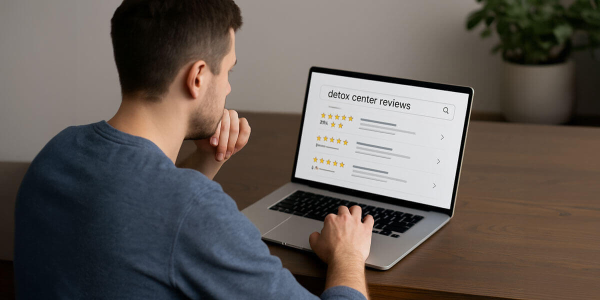 A man sits at a desk looking at his laptop screen, which displays a search for "detox center reviews" with star ratings and listings.