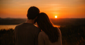 Couple sitting closely together, watching a warm sunset over a scenic landscape with water and distant hills.