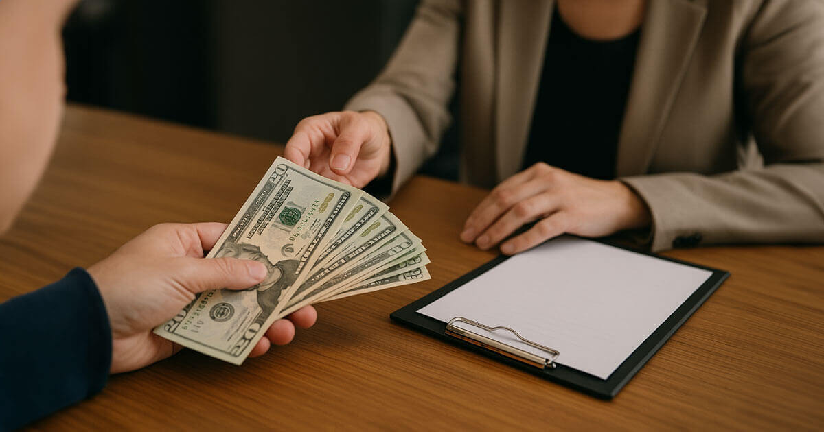 Close-up of one person handing over a stack of U.S. dollar bills to another seated across a desk with a clipboard and blank paper.