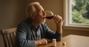 Older man sitting at a table drinking a glass of red wine with pill bottles and tablets nearby.