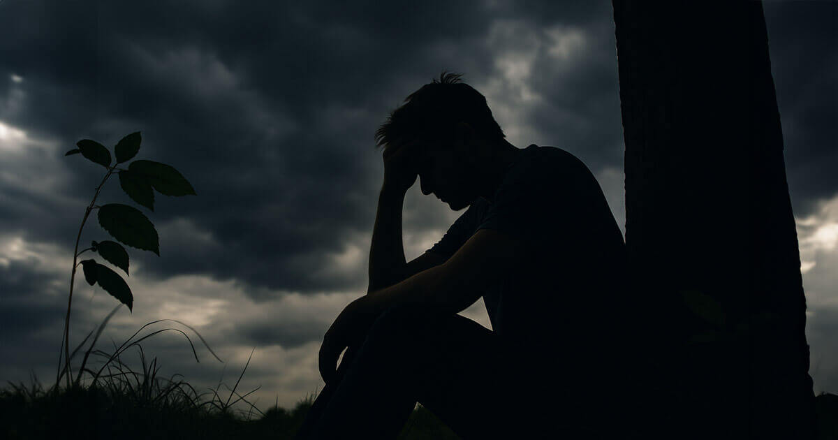 Silhouette of a person sitting outdoors with head in hand, appearing distressed under a cloudy sky.