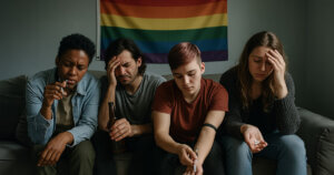 Four distressed individuals sit together on a couch under a rainbow flag, each visibly struggling. One holds a cigarette, another a beer, while others hold or prepare to use substances. The image portrays emotional pain and addiction challenges within the LGBTQ+ community.